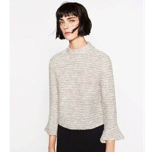 Zara Woman Tweed High Neck Bell Sleeve Blouse Small NWT